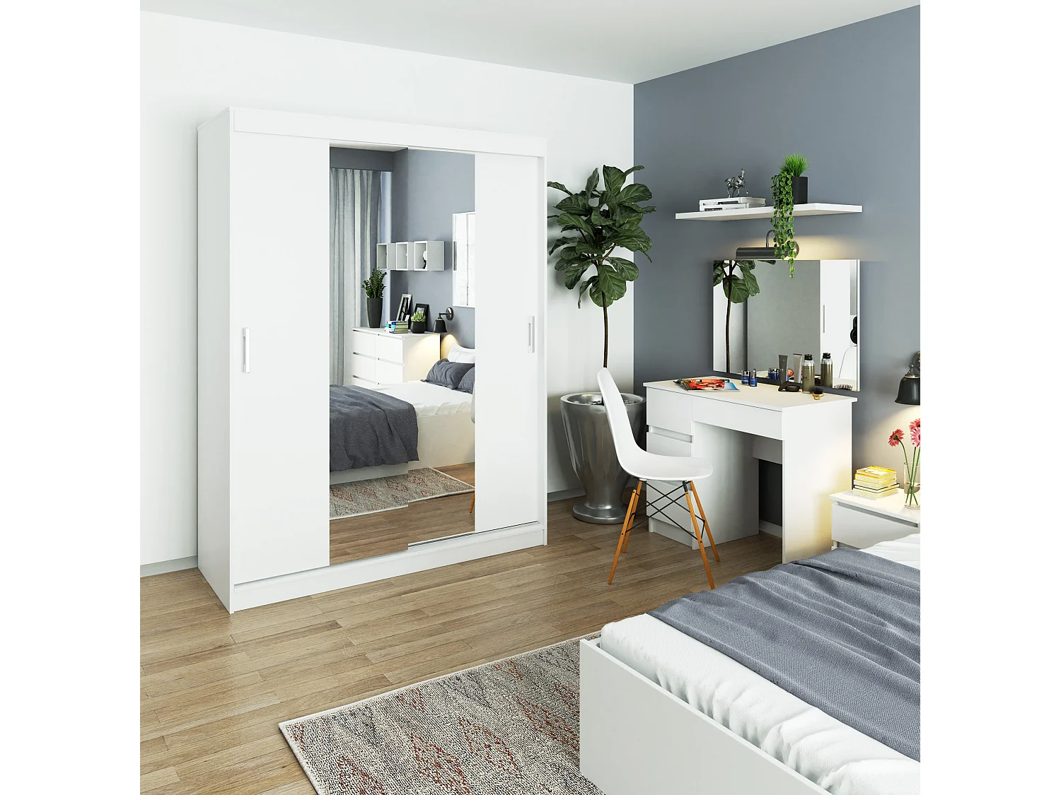 Toaletka AKORD T6 Biała 90 cm z lustrem 900x600 prawa 4 szuflady kolor Biały mat 90x50x142 cm