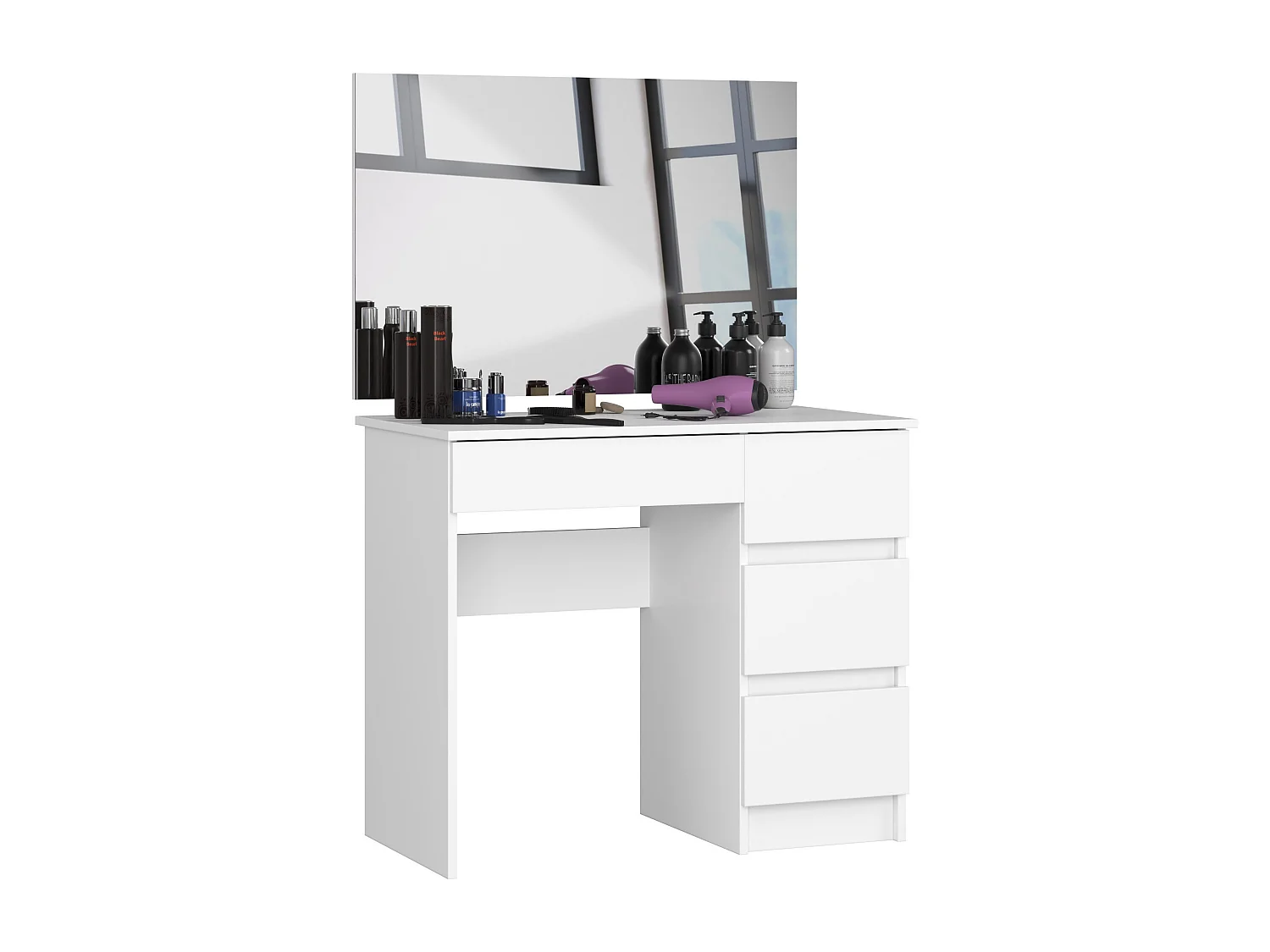 Toaletka AKORD T6 Biała 90 cm z lustrem 900x600 prawa 4 szuflady kolor Biały mat 90x50x142 cm