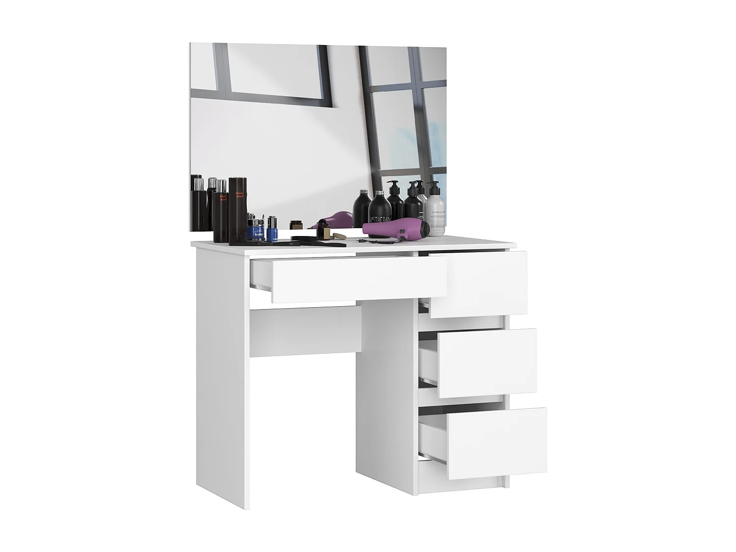 Toaletka AKORD T6 Biała 90 cm z lustrem 900x600 prawa 4 szuflady kolor Biały mat 90x50x142 cm