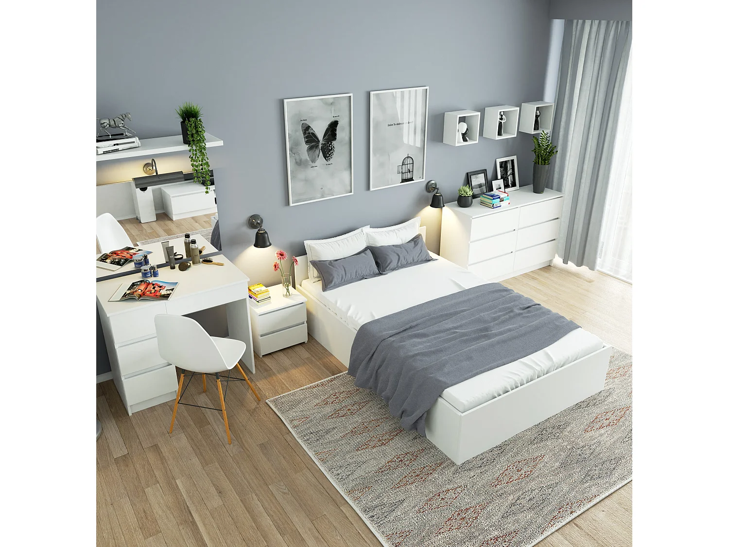 Toaletka AKORD T6 Biała 90 cm z lustrem 900x600 prawa 4 szuflady kolor Biały mat 90x50x142 cm