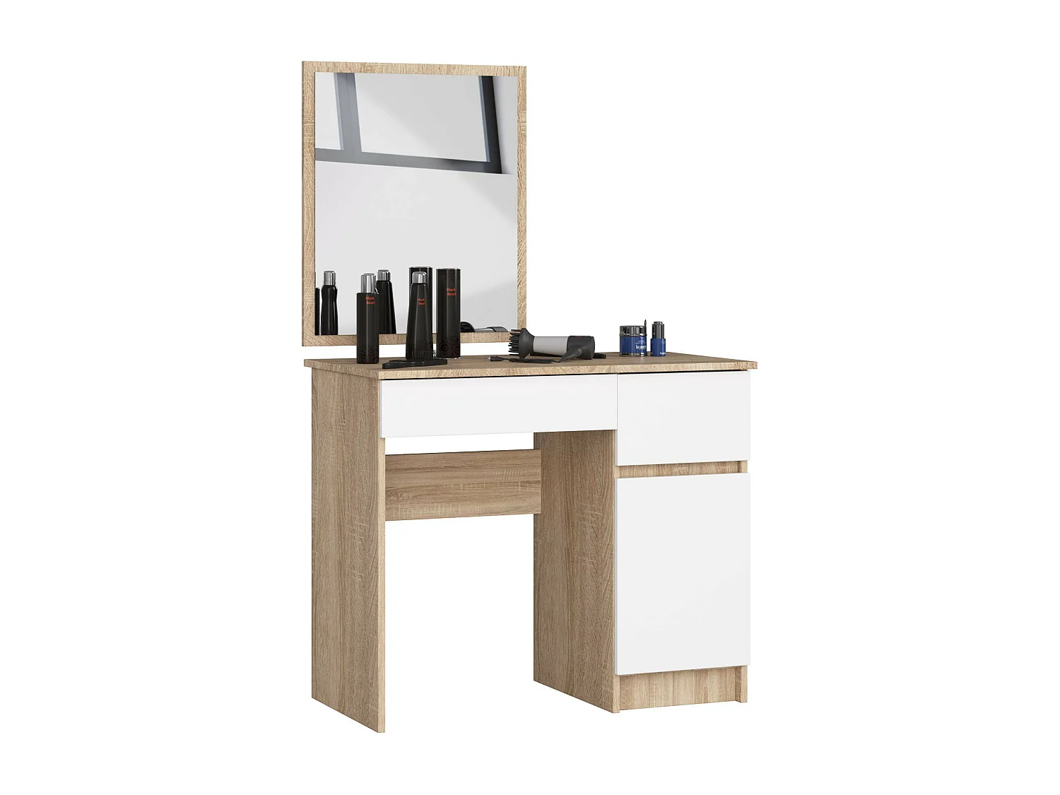 Toaletka AKORD P2 Dąb Sonoma 90 cm z lustrem 500x600 prawa 1 drzwi 2 szuflady kolor Biały mat 2 półki 90x50x142 cm