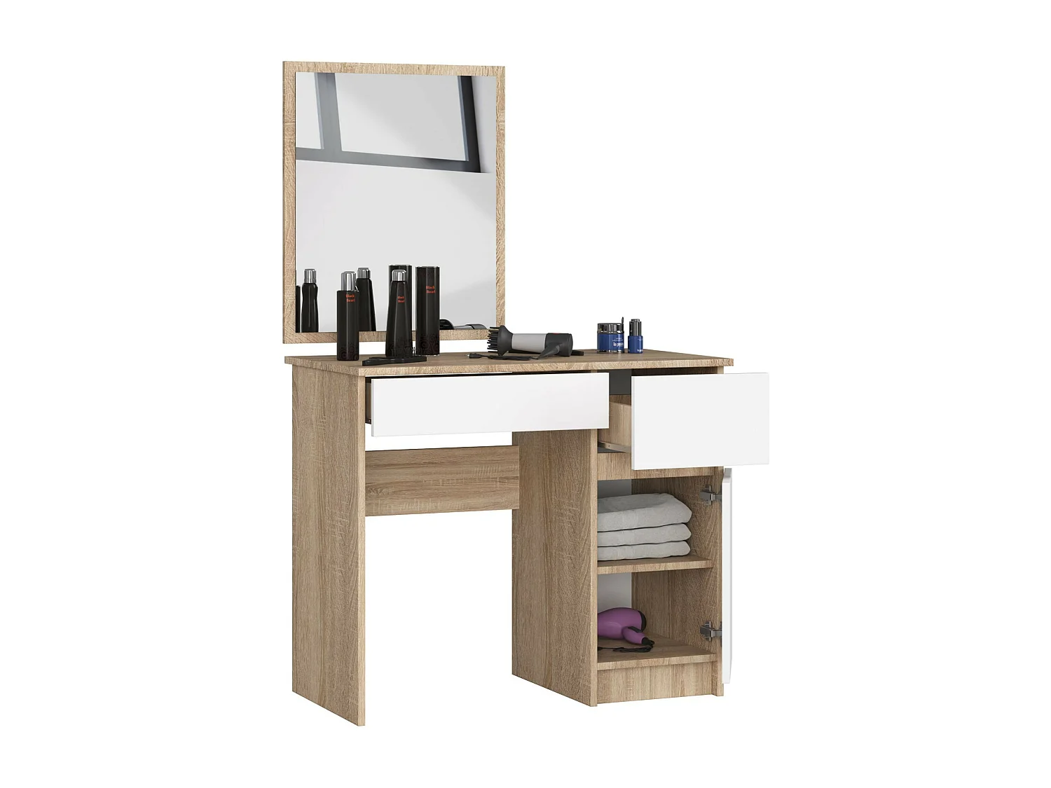 Toaletka AKORD P2 Dąb Sonoma 90 cm z lustrem 500x600 prawa 1 drzwi 2 szuflady kolor Biały mat 2 półki 90x50x142 cm
