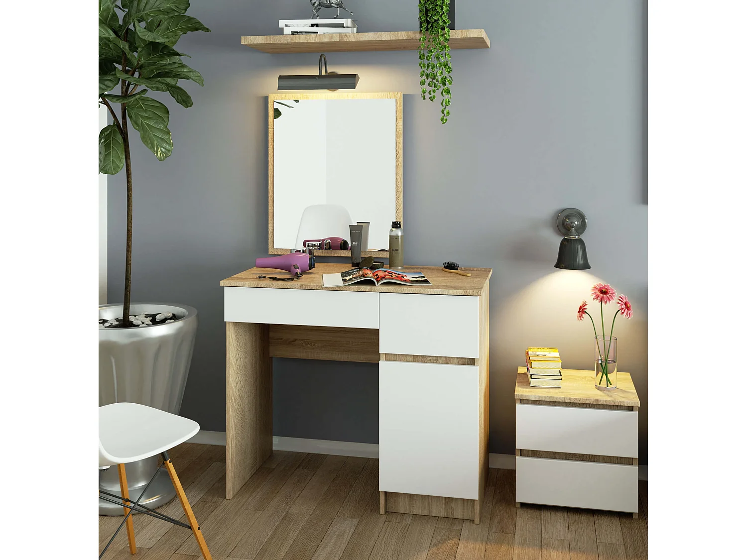 Toaletka AKORD P2 Dąb Sonoma 90 cm z lustrem 500x600 prawa 1 drzwi 2 szuflady kolor Biały mat 2 półki 90x50x142 cm