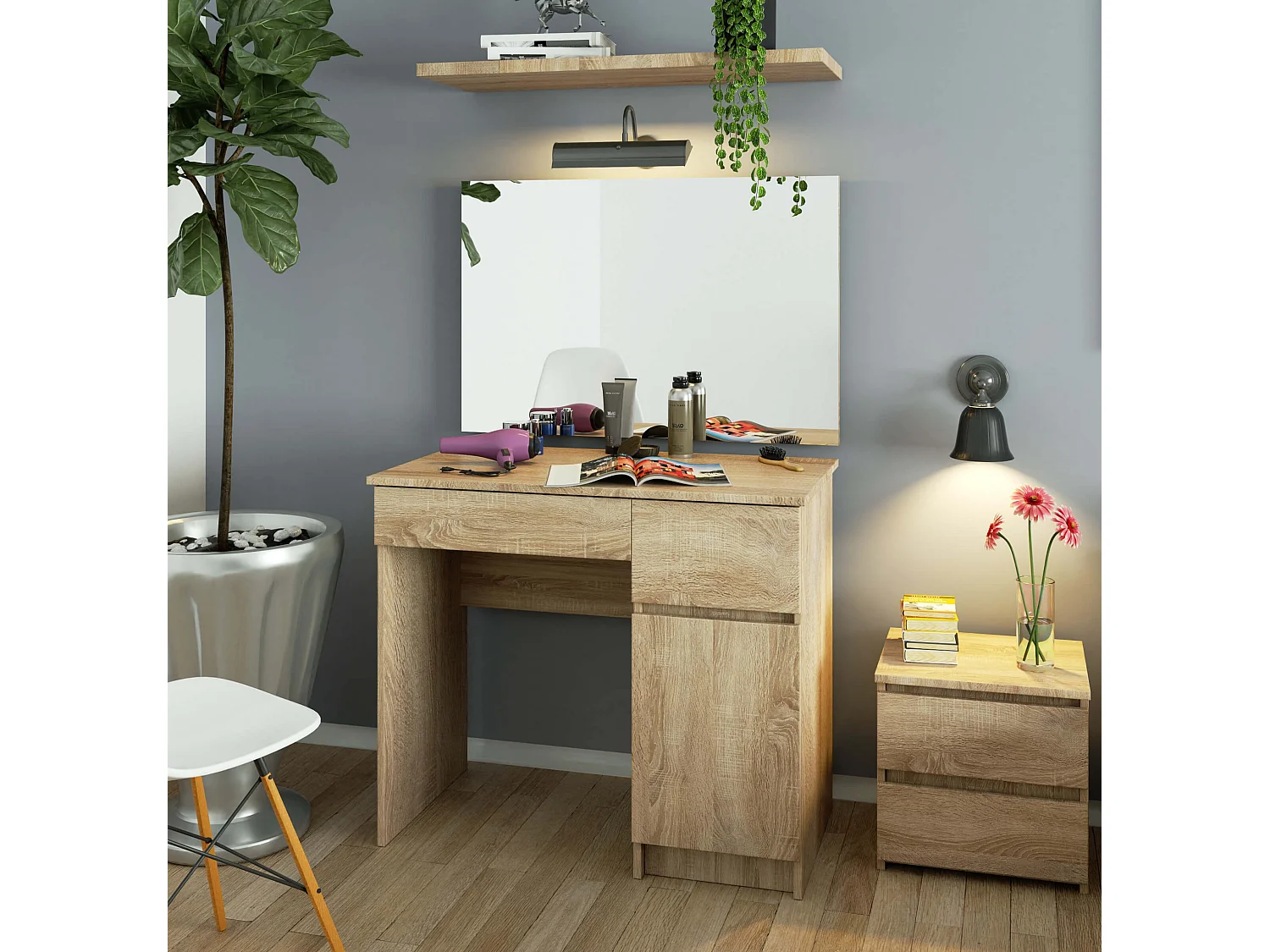 Toaletka AKORD P2 Dąb Sonoma 90 cm z lustrem 900x600 prawa 1 drzwi 2 szuflady kolor Dąb Sonoma mat 2 półki 90x50x142 cm