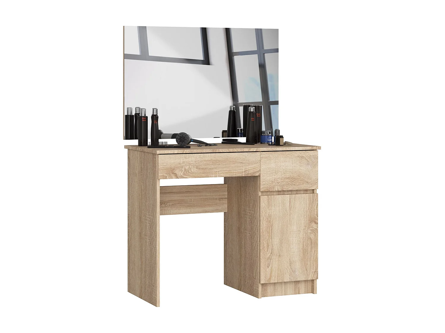 Toaletka AKORD P2 Dąb Sonoma 90 cm z lustrem 900x600 prawa 1 drzwi 2 szuflady kolor Dąb Sonoma mat 2 półki 90x50x142 cm