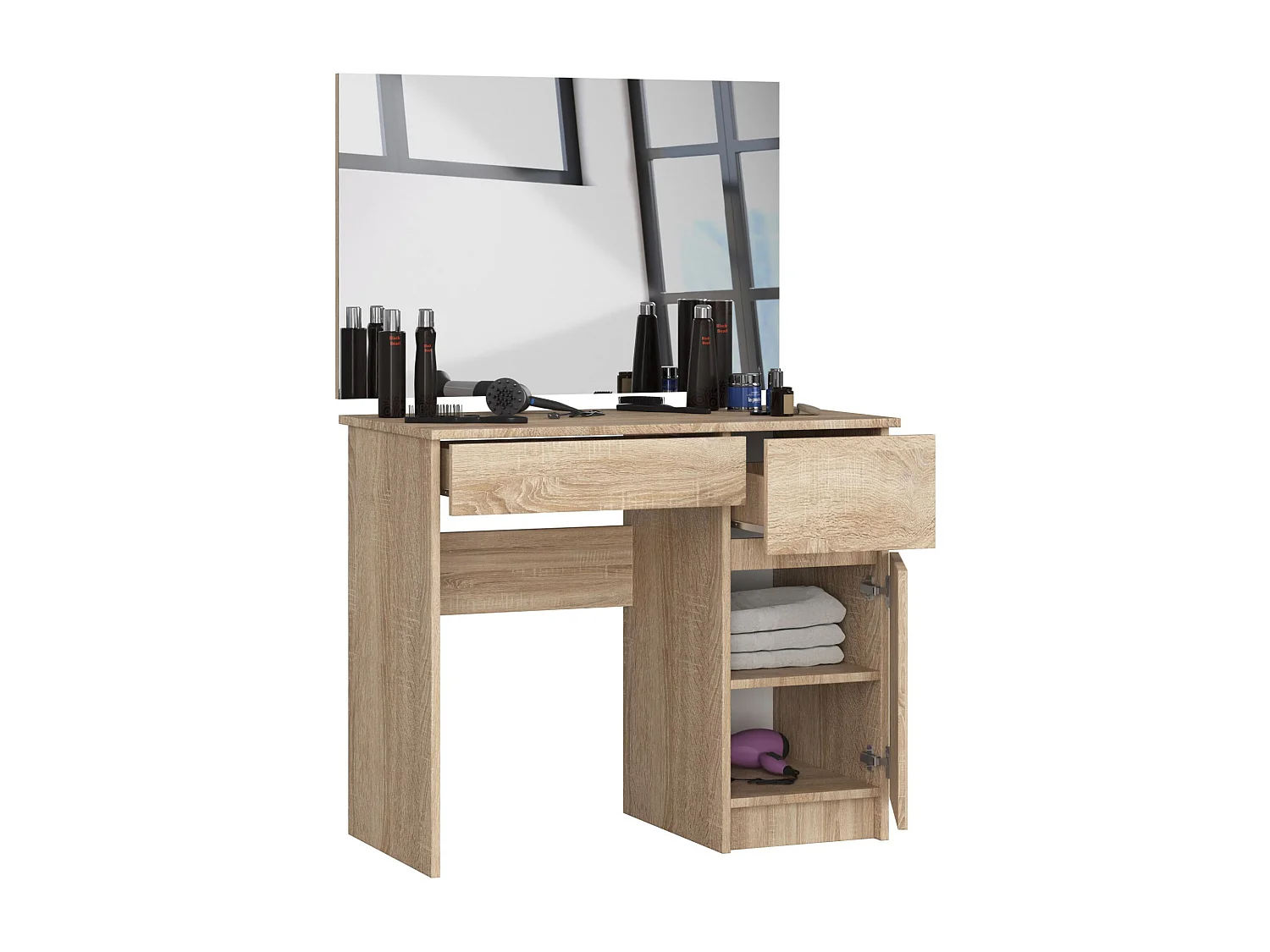 Toaletka AKORD P2 Dąb Sonoma 90 cm z lustrem 900x600 prawa 1 drzwi 2 szuflady kolor Dąb Sonoma mat 2 półki 90x50x142 cm