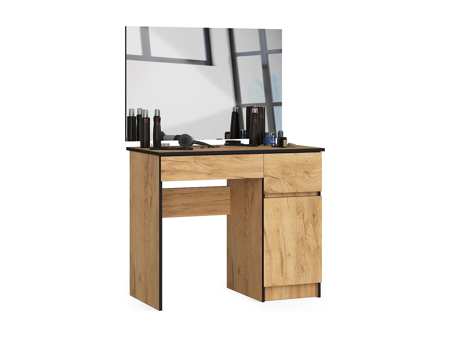 Toaletka AKORD P2 Dąb Craft 90 cm z lustrem 900x600 prawa 1 drzwi 2 szuflady kolor Dąb Craft mat 2 półki 90x50x142 cm