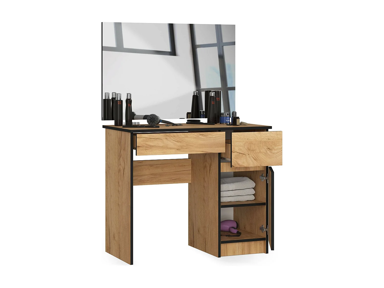 Toaletka AKORD P2 Dąb Craft 90 cm z lustrem 900x600 prawa 1 drzwi 2 szuflady kolor Dąb Craft mat 2 półki 90x50x142 cm