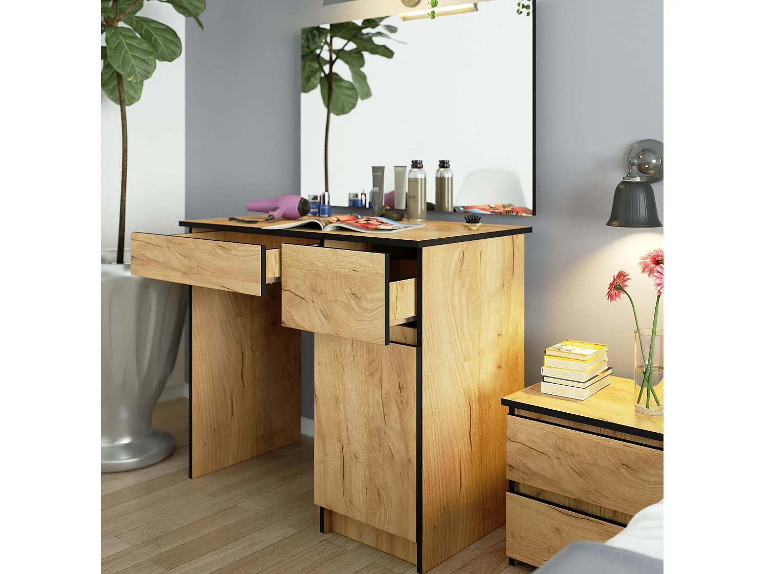 Toaletka AKORD P2 Dąb Craft 90 cm z lustrem 900x600 prawa 1 drzwi 2 szuflady kolor Dąb Craft mat 2 półki 90x50x142 cm