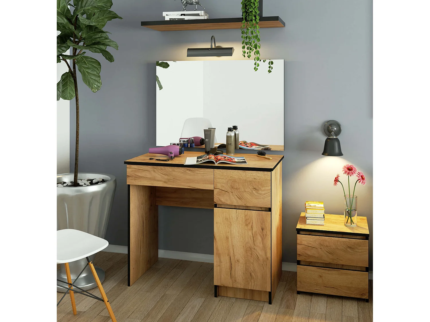 Toaletka AKORD P2 Dąb Craft 90 cm z lustrem 900x600 prawa 1 drzwi 2 szuflady kolor Dąb Craft mat 2 półki 90x50x142 cm