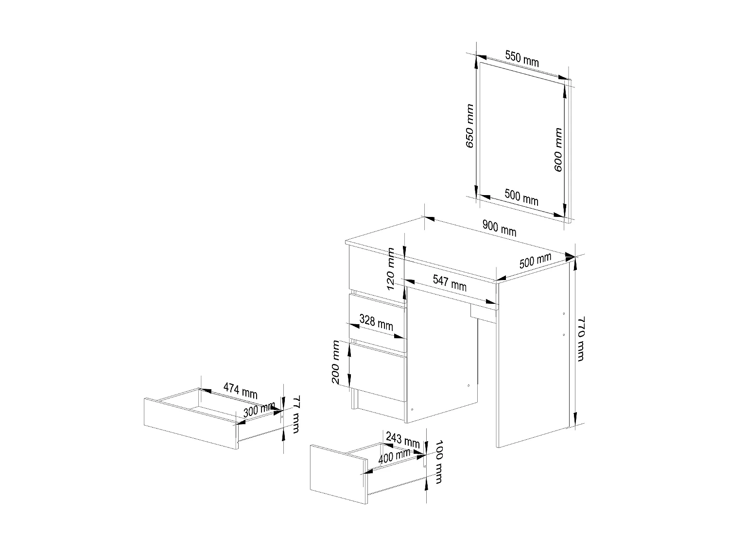 Toaletka AKORD T6 Biała 90 cm z lustrem 500x600 lewa 4 szuflady kolor Biały mat 90x50x142 cm