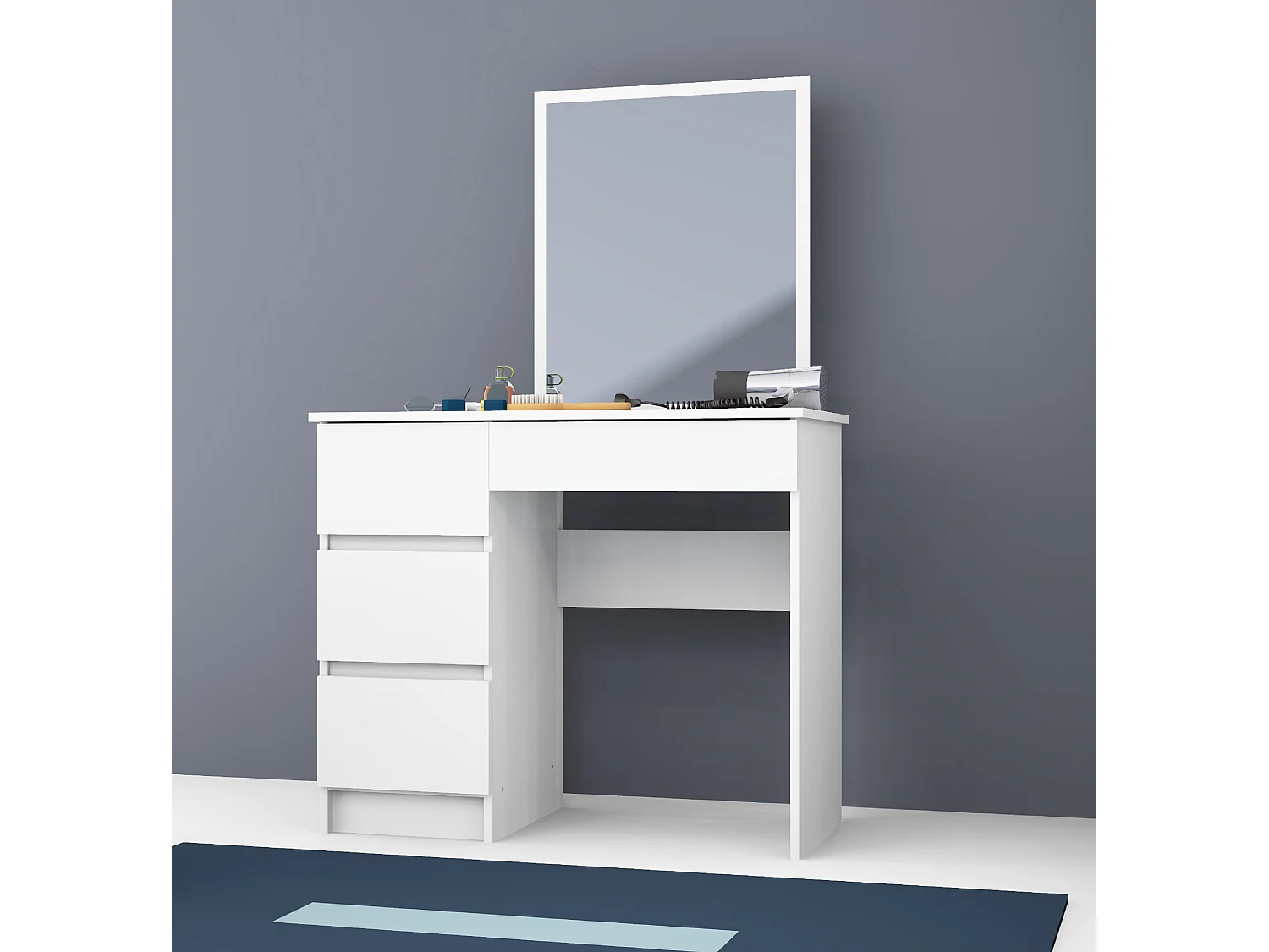 Toaletka AKORD T6 Biała 90 cm z lustrem 500x600 lewa 4 szuflady kolor Biały mat 90x50x142 cm