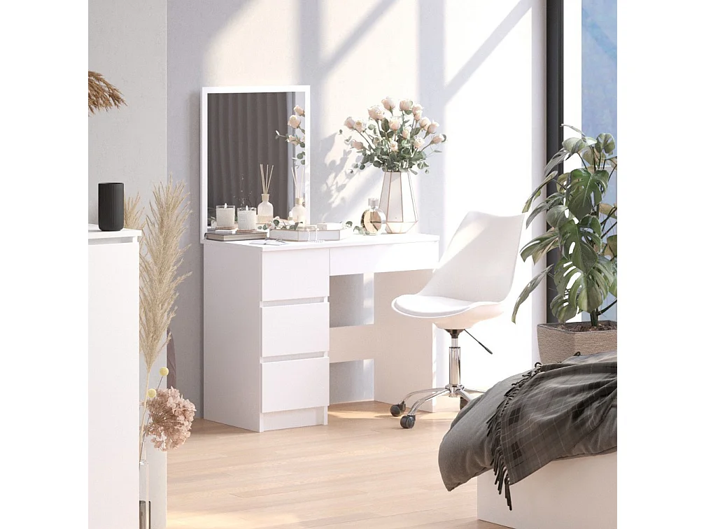 Toaletka AKORD T6 Biała 90 cm z lustrem 500x600 lewa 4 szuflady kolor Biały mat 90x50x142 cm