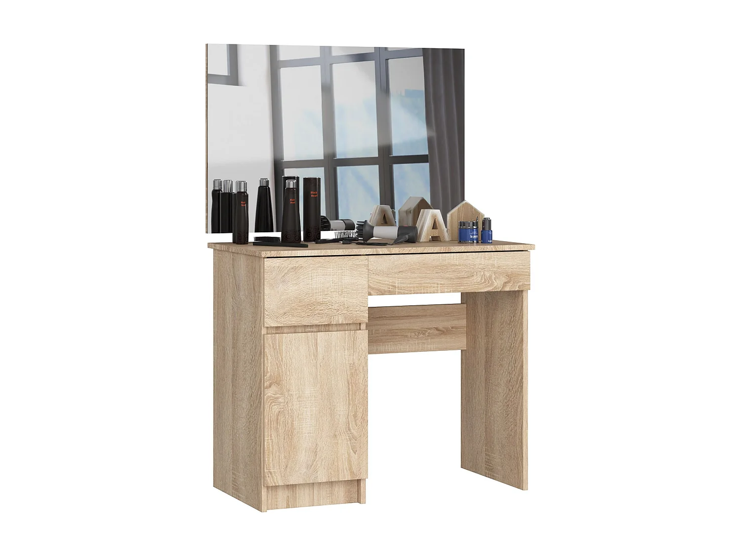 Toaletka AKORD P2 Dąb Sonoma 90 cm z lustrem 900x600 lewa 1 drzwi 2 szuflady kolor Dąb Sonoma mat 2 półki 90x50x142 cm