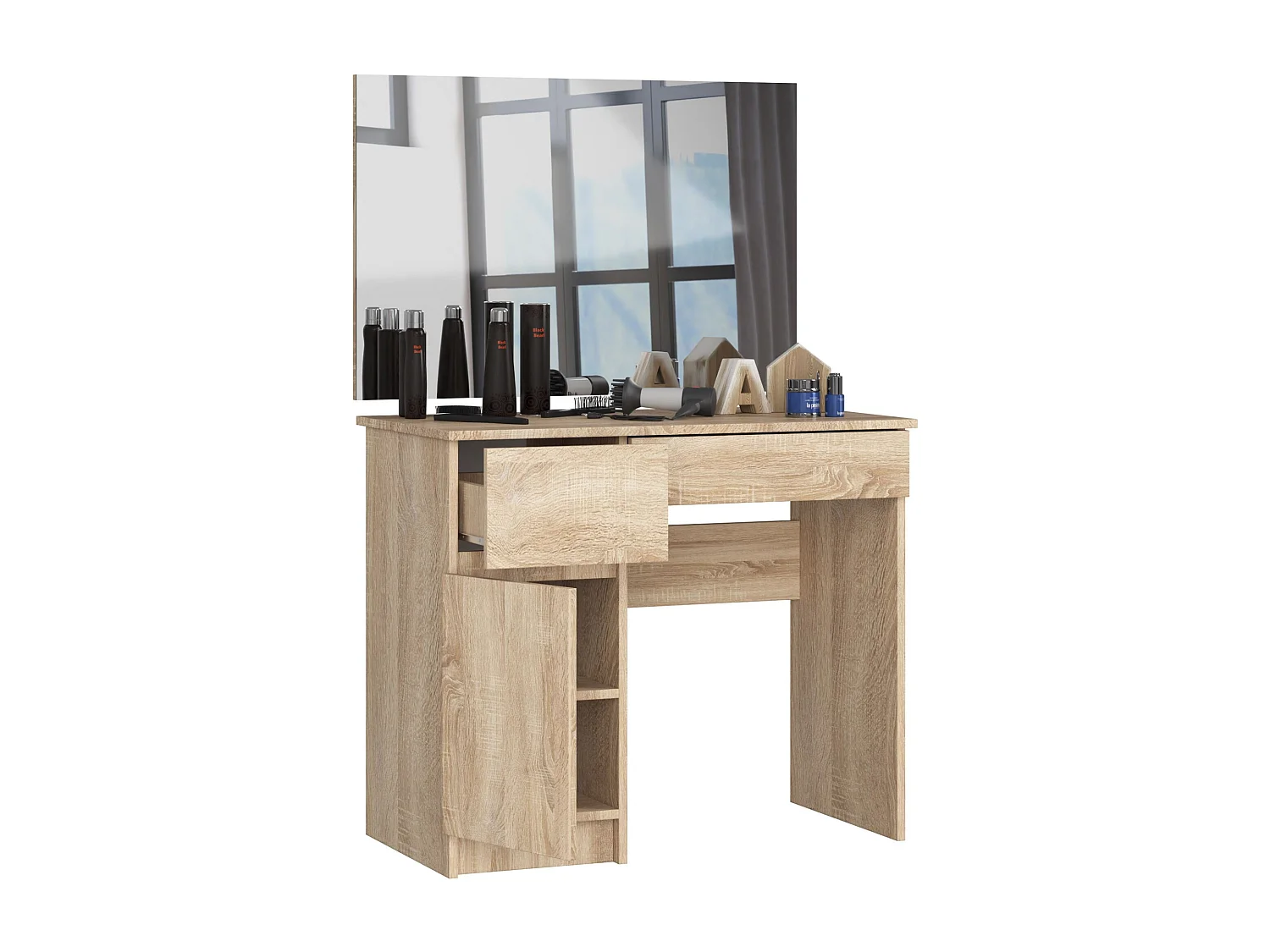 Toaletka AKORD P2 Dąb Sonoma 90 cm z lustrem 900x600 lewa 1 drzwi 2 szuflady kolor Dąb Sonoma mat 2 półki 90x50x142 cm