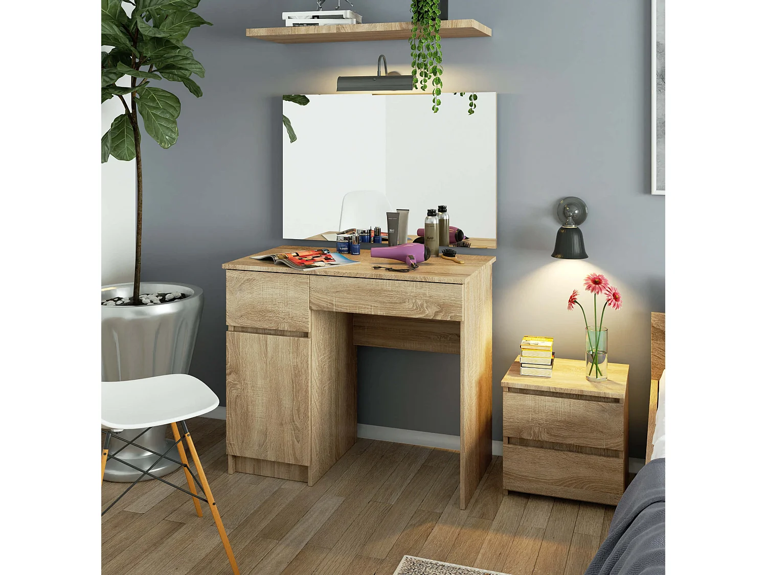 Toaletka AKORD P2 Dąb Sonoma 90 cm z lustrem 900x600 lewa 1 drzwi 2 szuflady kolor Dąb Sonoma mat 2 półki 90x50x142 cm