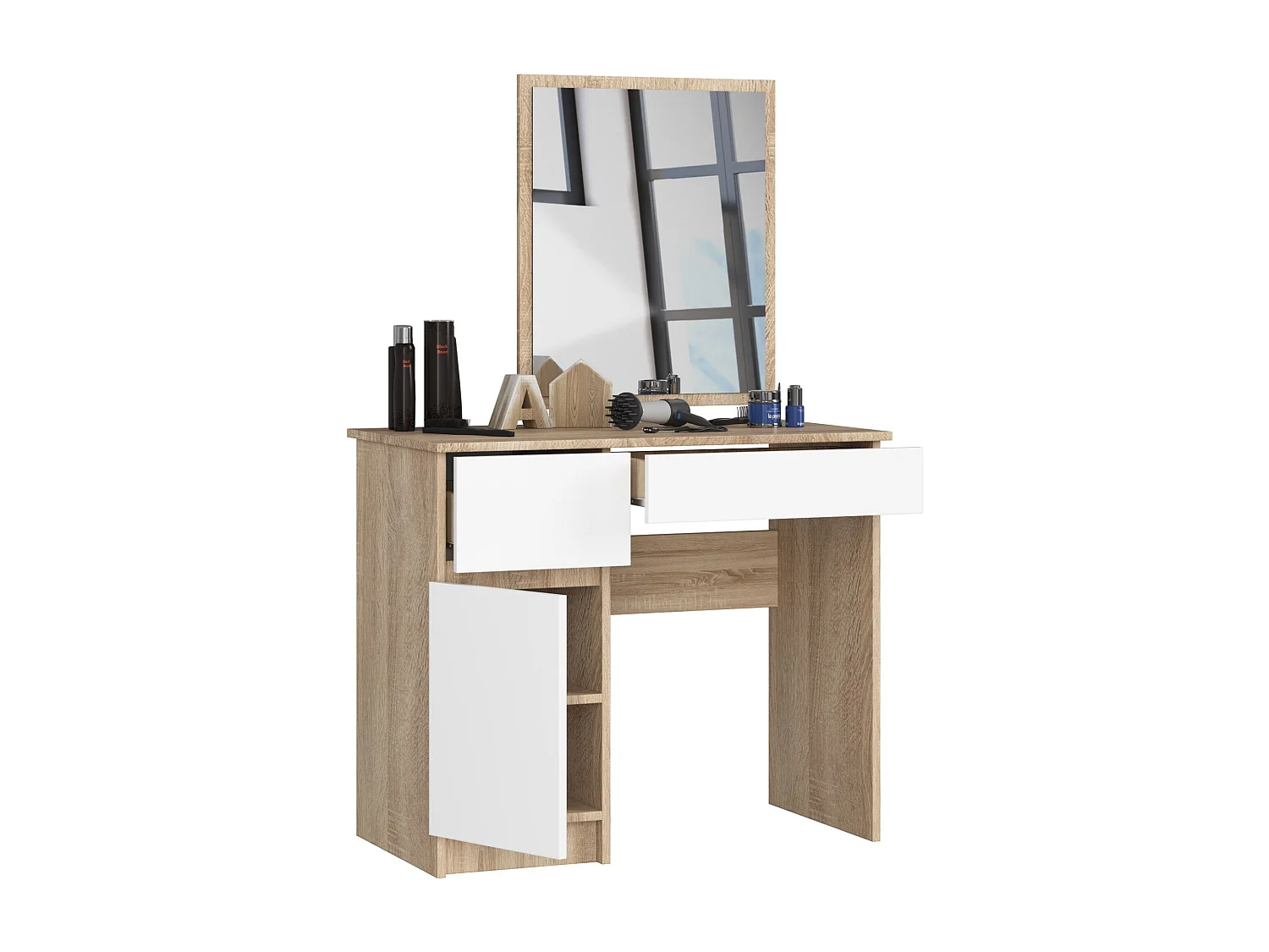 Toaletka AKORD P2 Dąb Sonoma 90 cm z lustrem 500x600 lewa 1 drzwi 2 szuflady kolor Biały mat 2 półki 90x50x142 cm