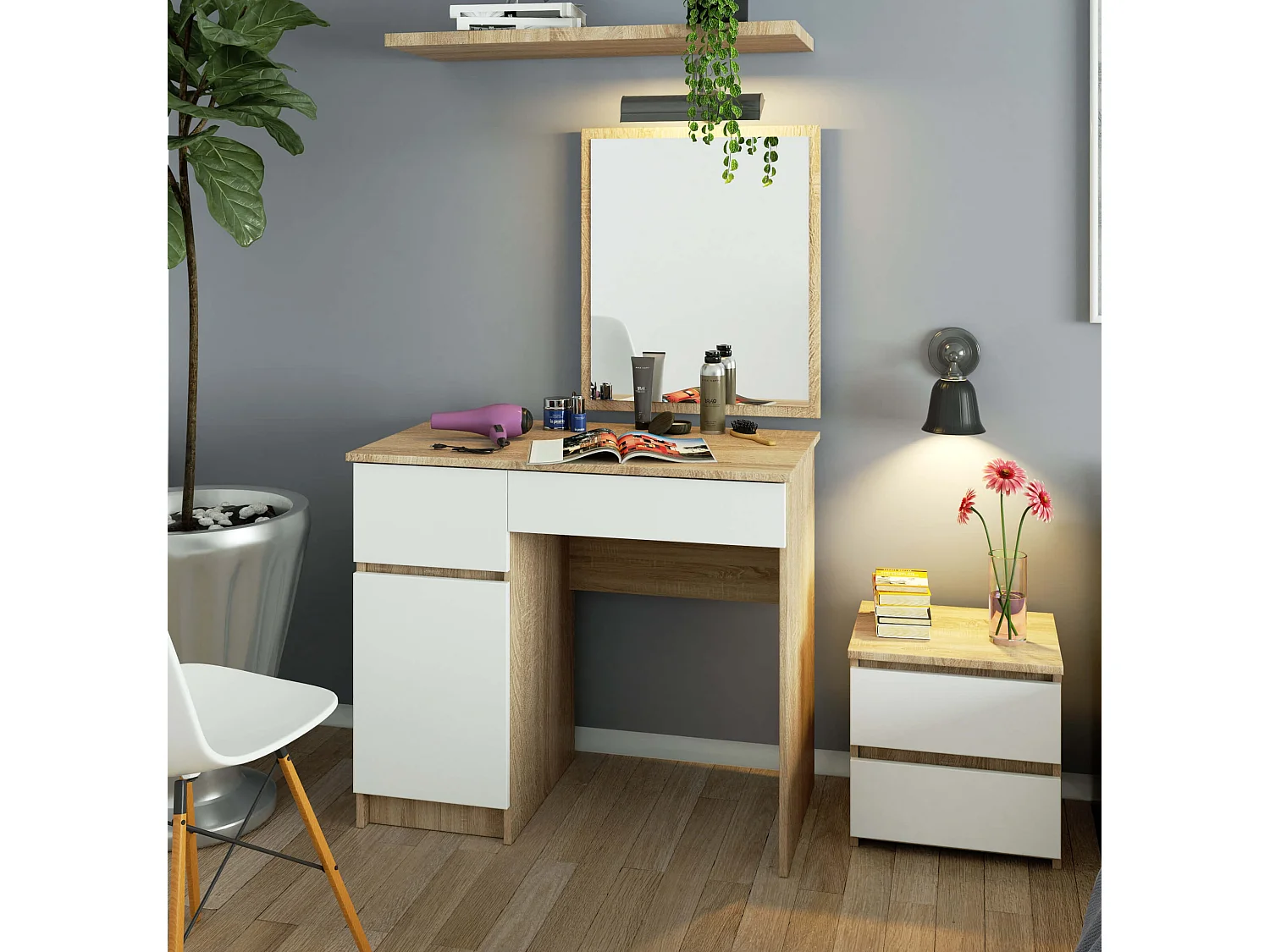 Toaletka AKORD P2 Dąb Sonoma 90 cm z lustrem 500x600 lewa 1 drzwi 2 szuflady kolor Biały mat 2 półki 90x50x142 cm