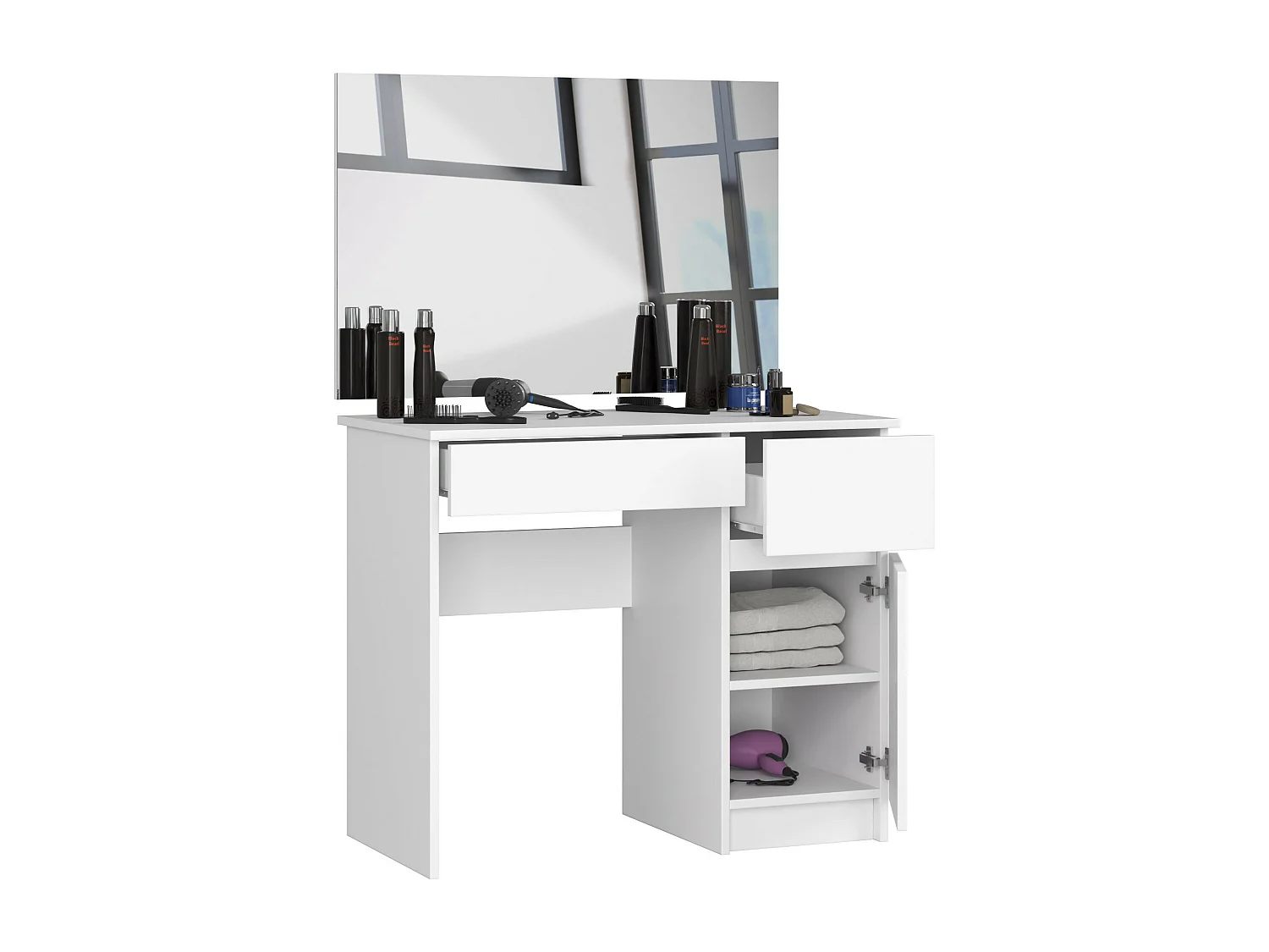 Toaletka AKORD P2 Biała 90 cm z lustrem 900x600 prawa 1 drzwi 2 szuflady kolor Biały mat 2 półki 90x50x142 cm