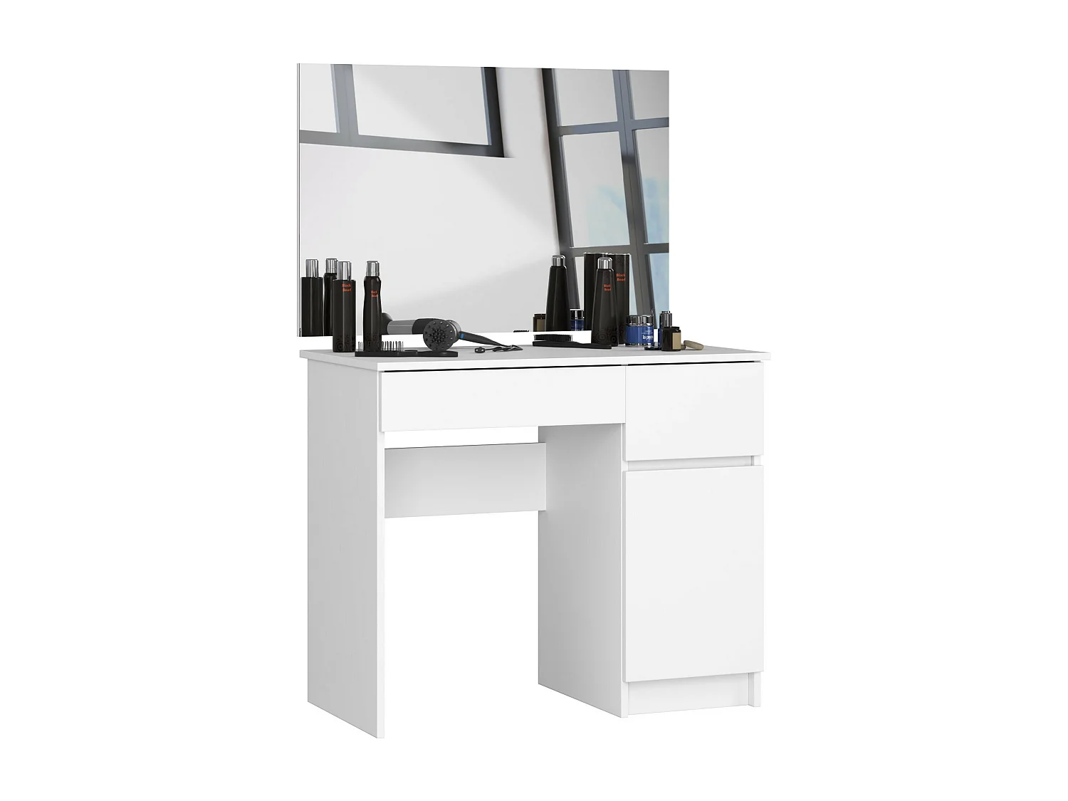 Toaletka AKORD P2 Biała 90 cm z lustrem 900x600 prawa 1 drzwi 2 szuflady kolor Biały mat 2 półki 90x50x142 cm