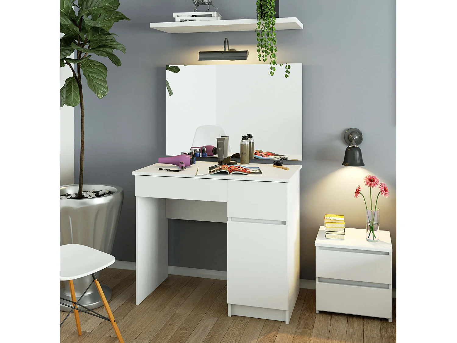 Toaletka AKORD P2 Biała 90 cm z lustrem 900x600 prawa 1 drzwi 2 szuflady kolor Biały mat 2 półki 90x50x142 cm