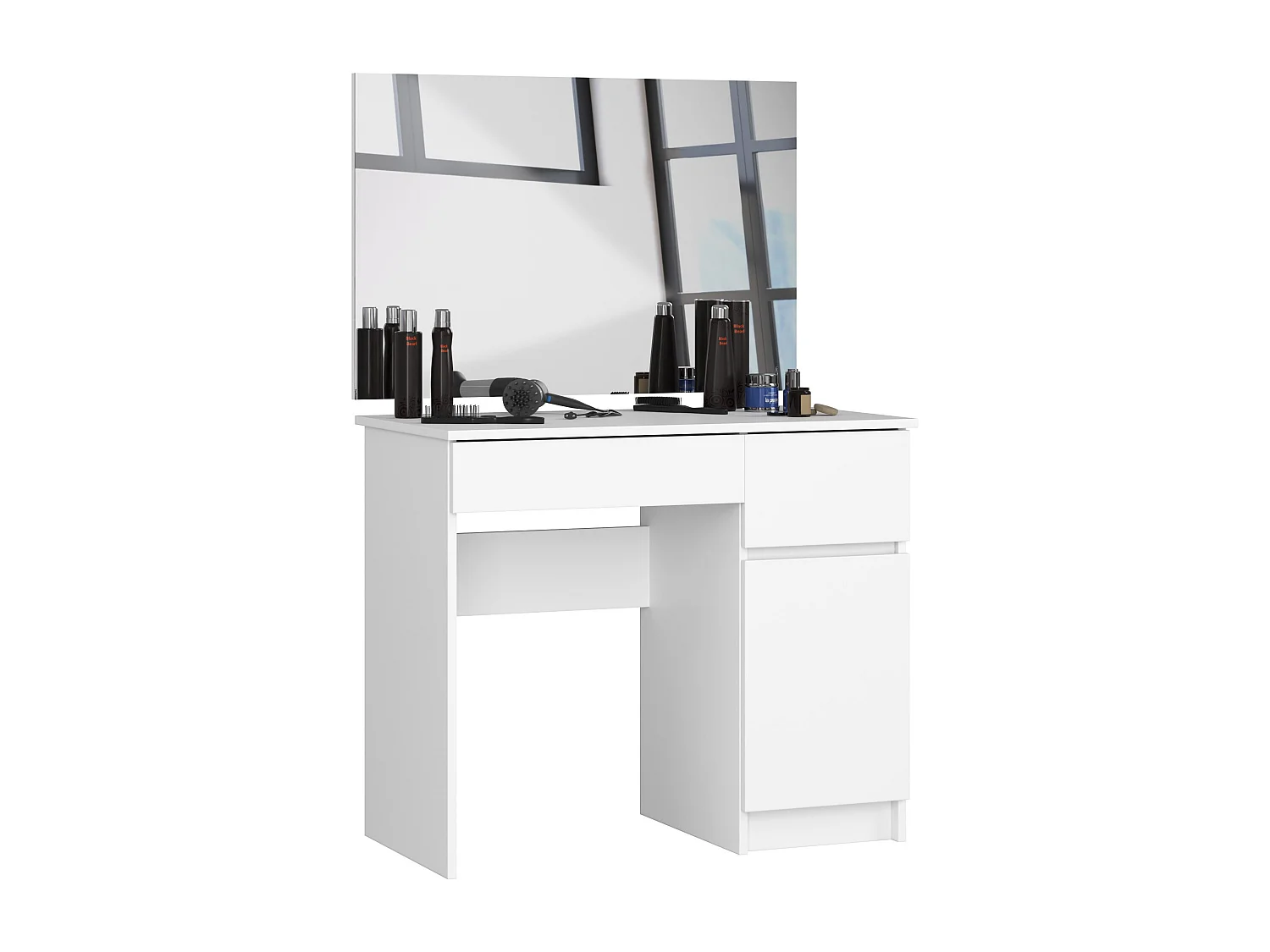 Toaletka AKORD P2 Biała 90 cm z lustrem 900x600 prawa 1 drzwi 2 szuflady kolor Biały mat 2 półki 90x50x142 cm