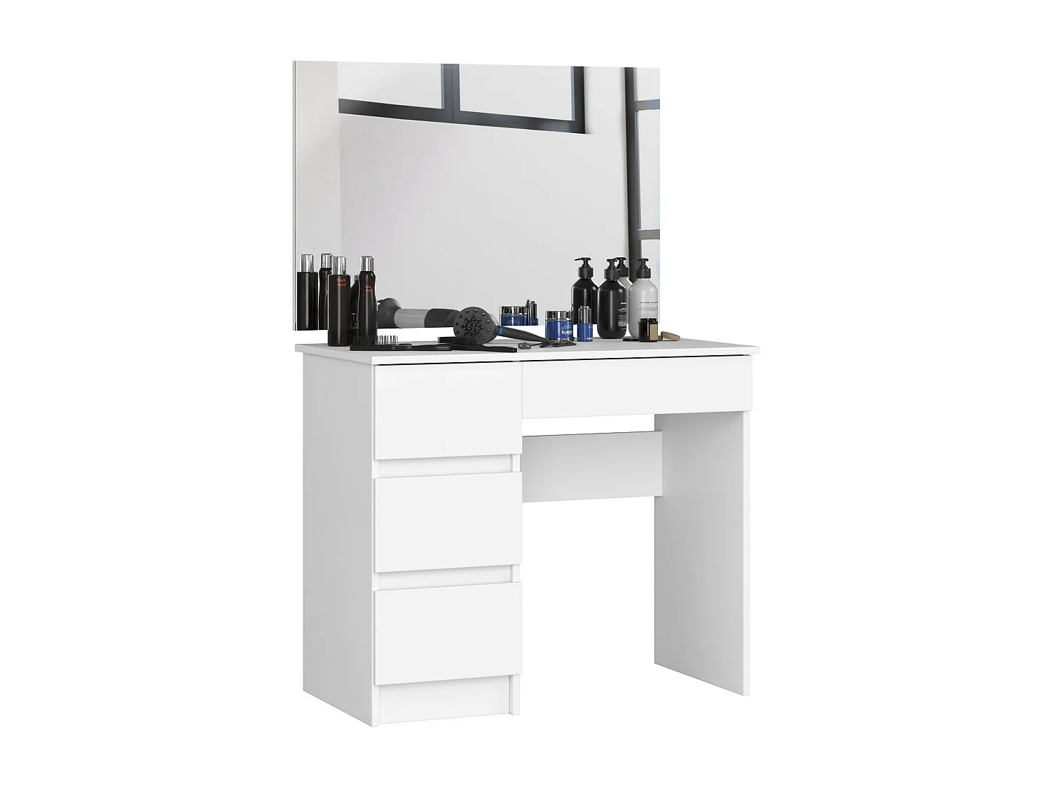 Toaletka AKORD T6 Biała 90 cm z lustrem 900x600 lewa 4 szuflady kolor Biały mat 90x50x142 cm