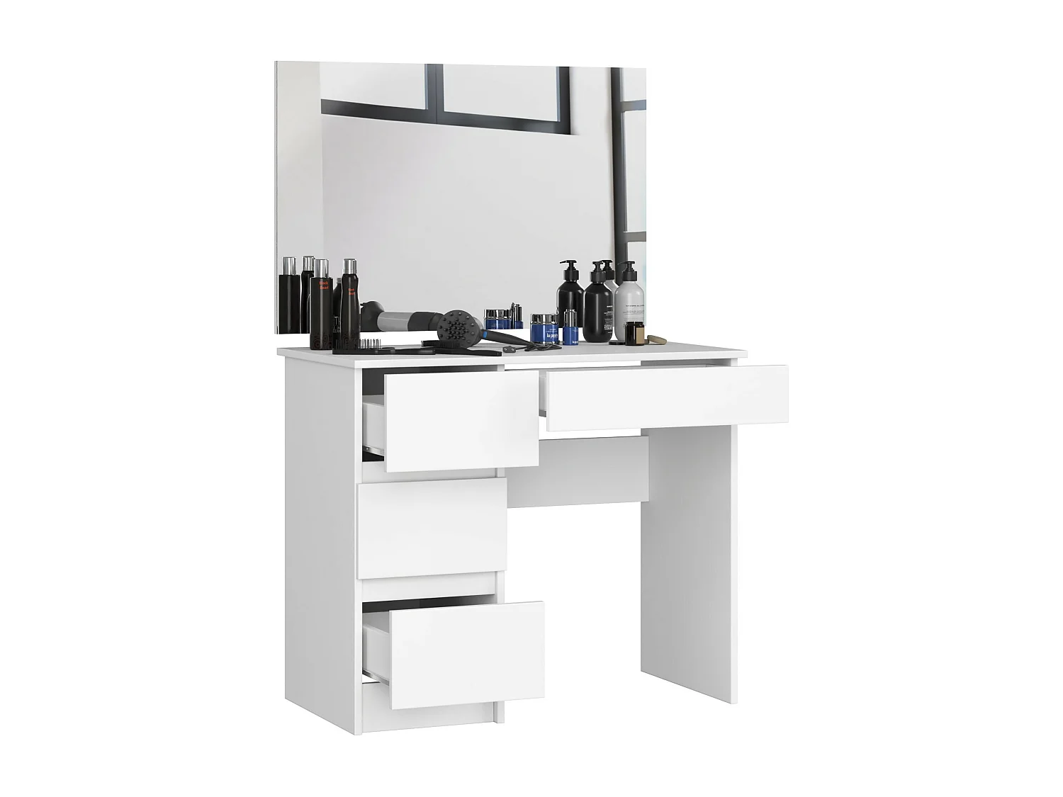 Toaletka AKORD T6 Biała 90 cm z lustrem 900x600 lewa 4 szuflady kolor Biały mat 90x50x142 cm