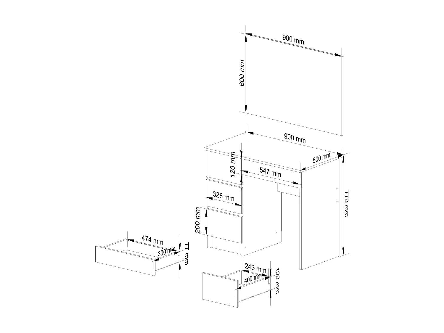 Toaletka AKORD T6 Biała 90 cm z lustrem 900x600 lewa 4 szuflady kolor Biały mat 90x50x142 cm