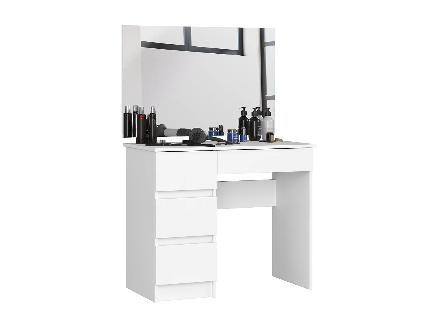Toaletka AKORD T6 Biała 90 cm z lustrem 900x600 lewa 4 szuflady kolor Biały mat 90x50x142 cm