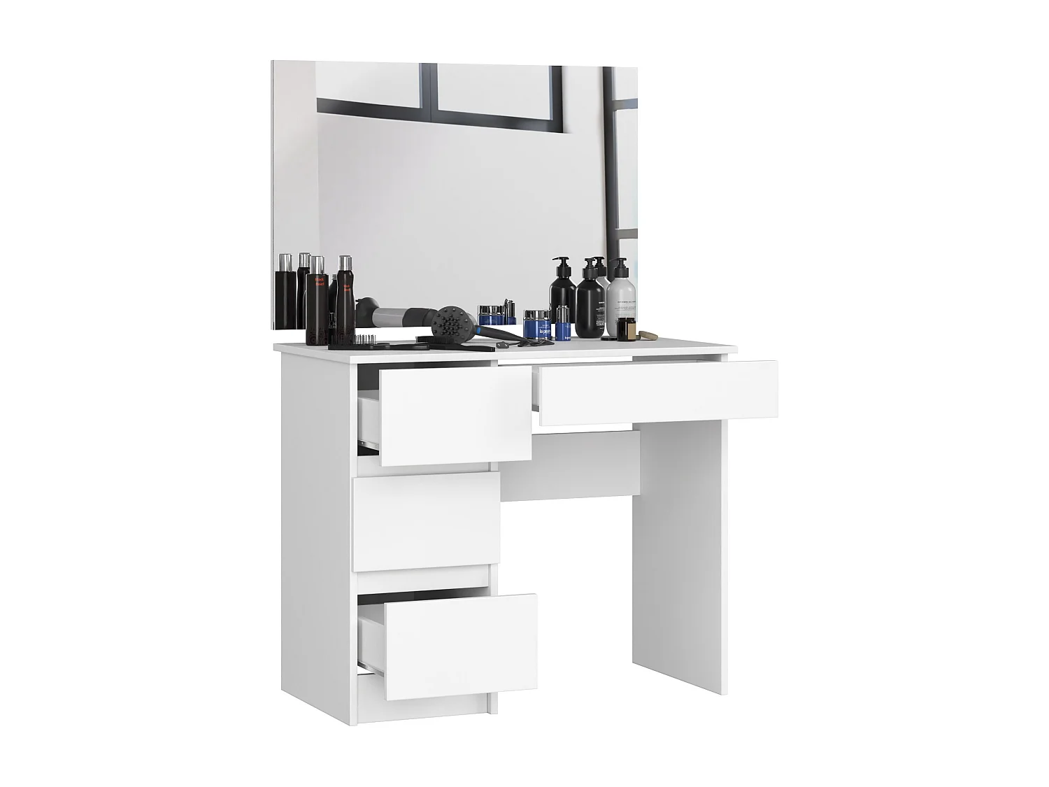 Toaletka AKORD T6 Biała 90 cm z lustrem 900x600 lewa 4 szuflady kolor Biały mat 90x50x142 cm