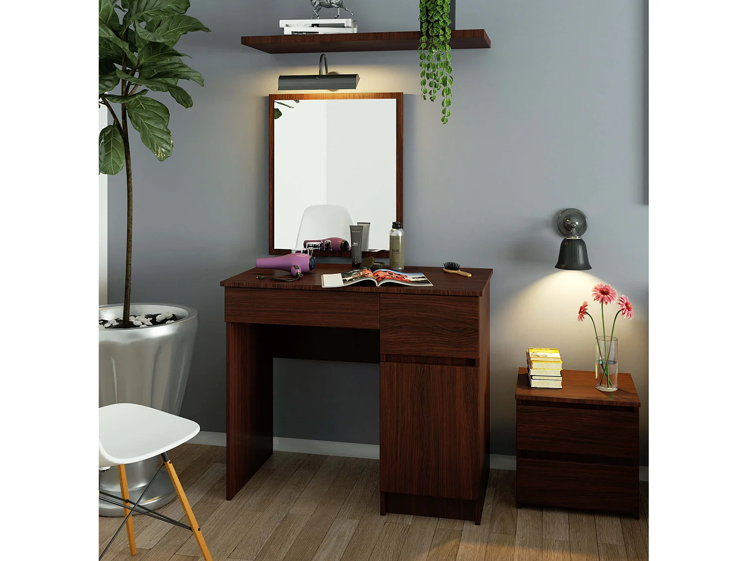 Toaletka AKORD P2 Wenge 90 cm z lustrem 500x600 prawa 1 drzwi 2 szuflady kolor Wenge mat 2 półki 90x50x142 cm