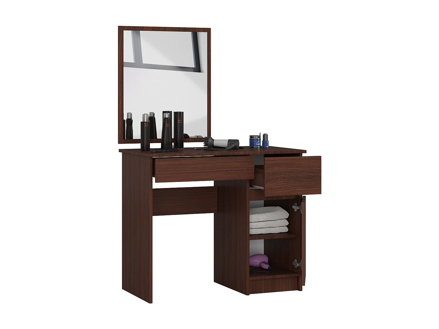 Toaletka AKORD P2 Wenge 90 cm z lustrem 500x600 prawa 1 drzwi 2 szuflady kolor Wenge mat 2 półki 90x50x142 cm