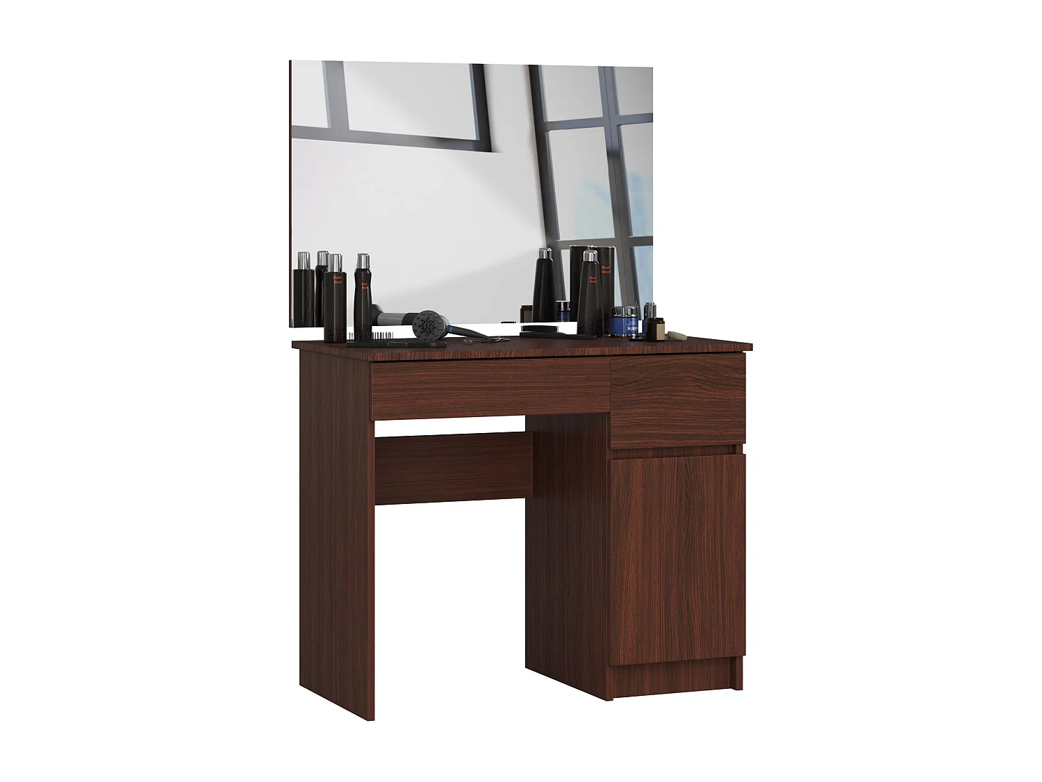 Toaletka AKORD P2 Wenge 90 cm z lustrem 900x600 prawa 1 drzwi 2 szuflady kolor Wenge mat 2 półki 90x50x142 cm