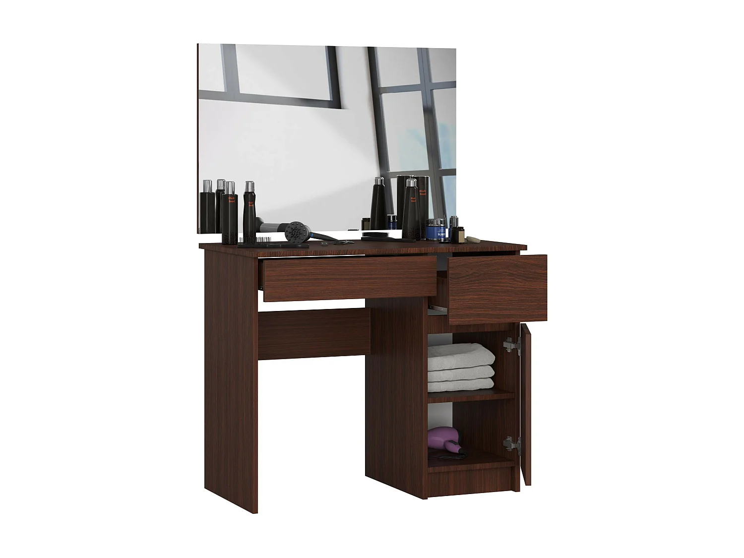 Toaletka AKORD P2 Wenge 90 cm z lustrem 900x600 prawa 1 drzwi 2 szuflady kolor Wenge mat 2 półki 90x50x142 cm