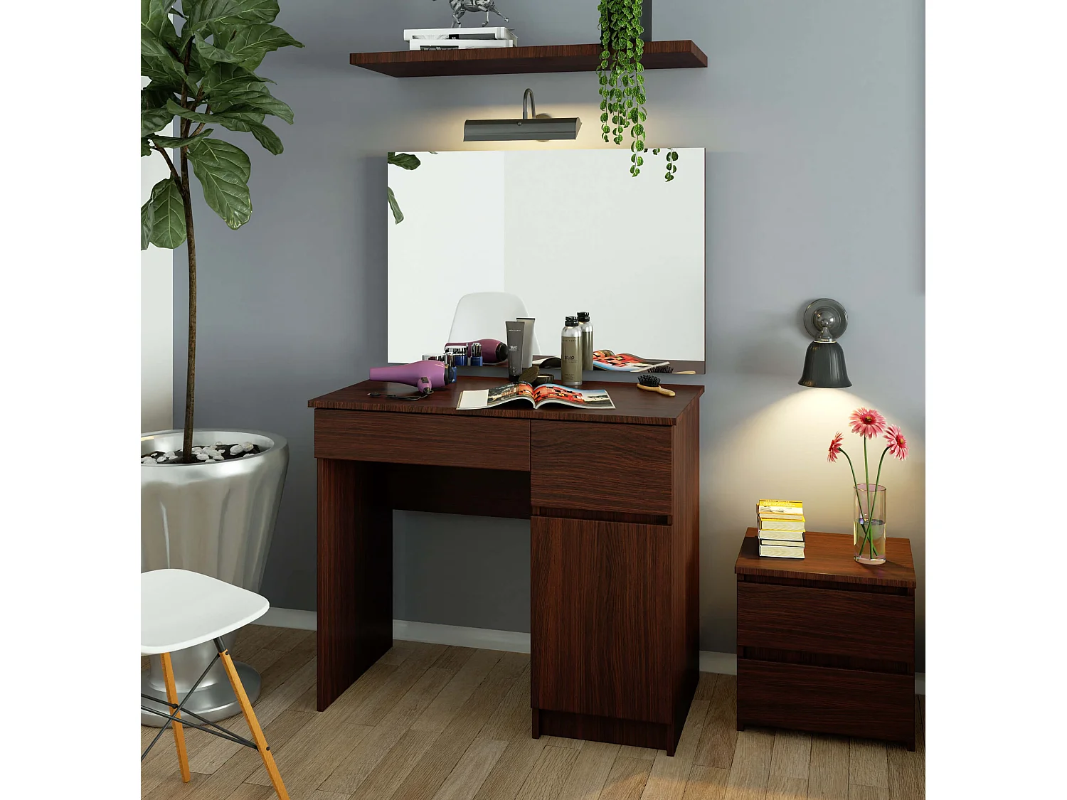 Toaletka AKORD P2 Wenge 90 cm z lustrem 900x600 prawa 1 drzwi 2 szuflady kolor Wenge mat 2 półki 90x50x142 cm