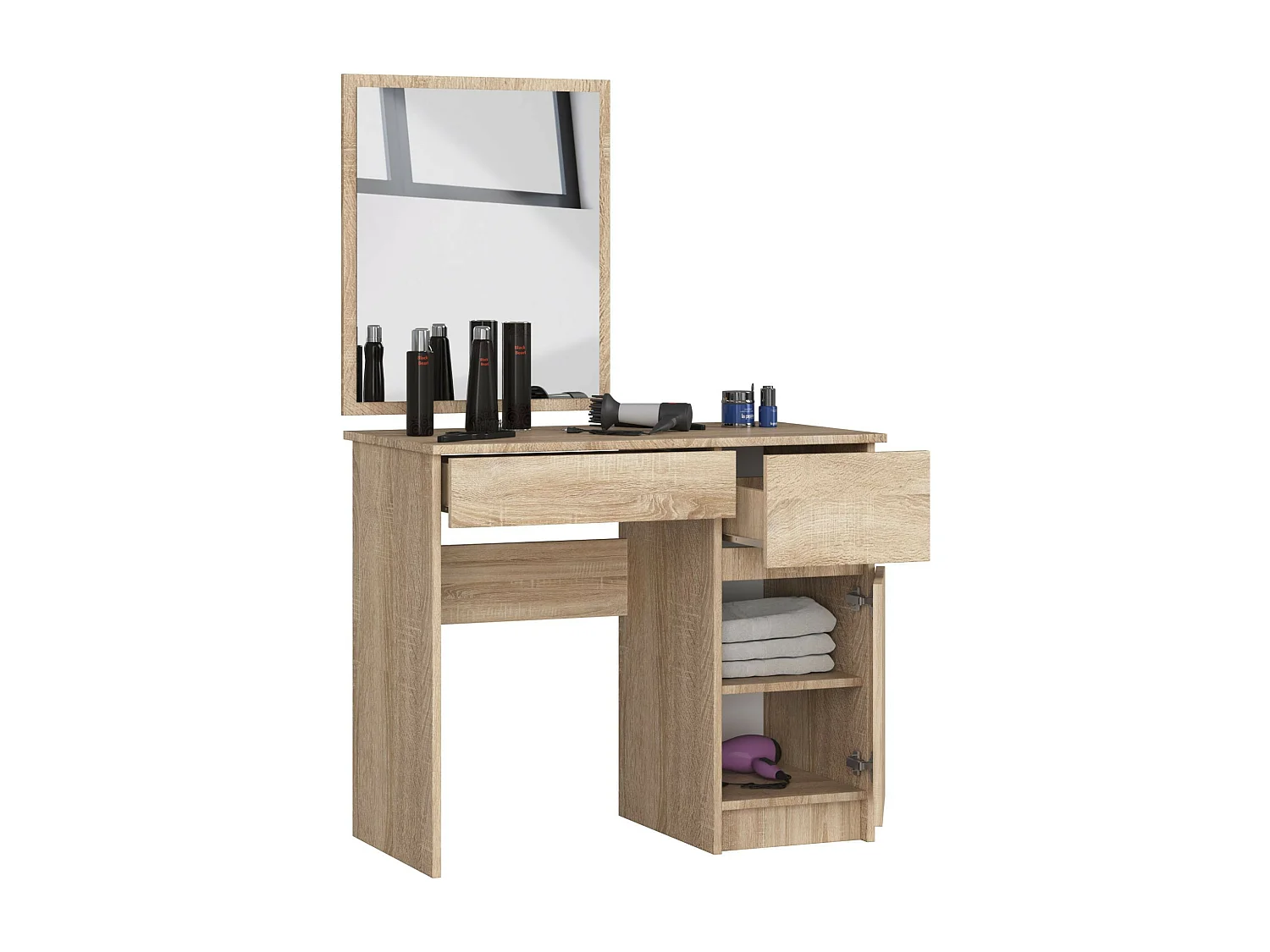 Toaletka AKORD P2 Dąb Sonoma 90 cm z lustrem 500x600 prawa 1 drzwi 2 szuflady kolor Dąb Sonoma mat 2 półki 90x50x142 cm