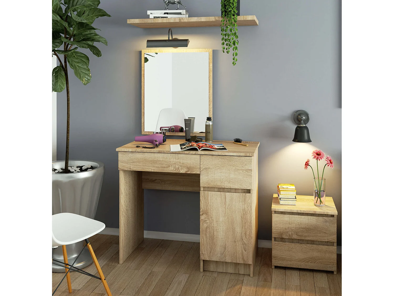 Toaletka AKORD P2 Dąb Sonoma 90 cm z lustrem 500x600 prawa 1 drzwi 2 szuflady kolor Dąb Sonoma mat 2 półki 90x50x142 cm