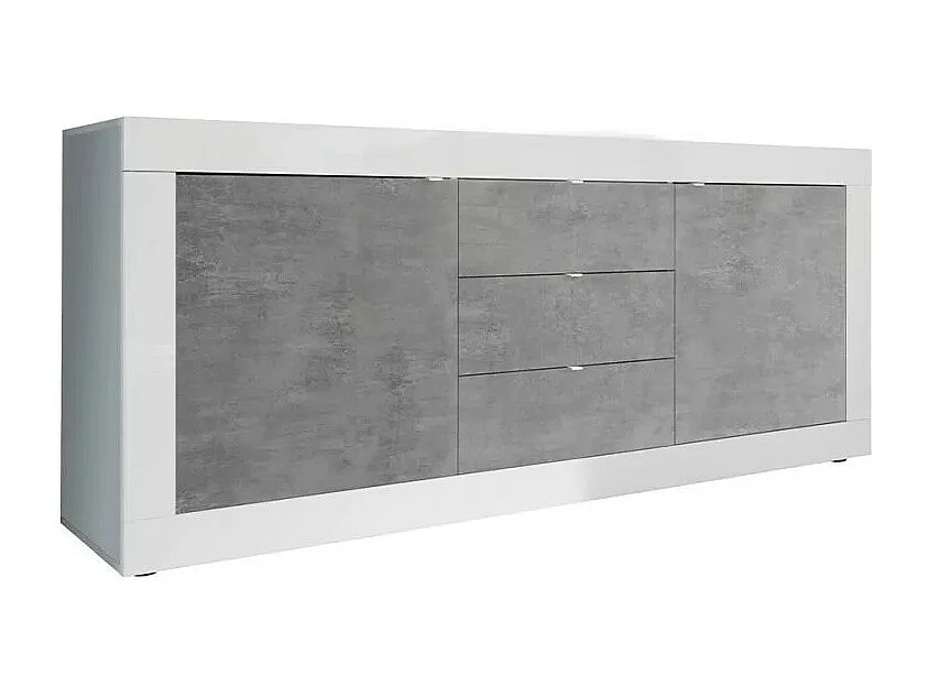 Buffet 2 portes et 3 tiroirs, collection ISORA, coloris blanc et gris effet béton