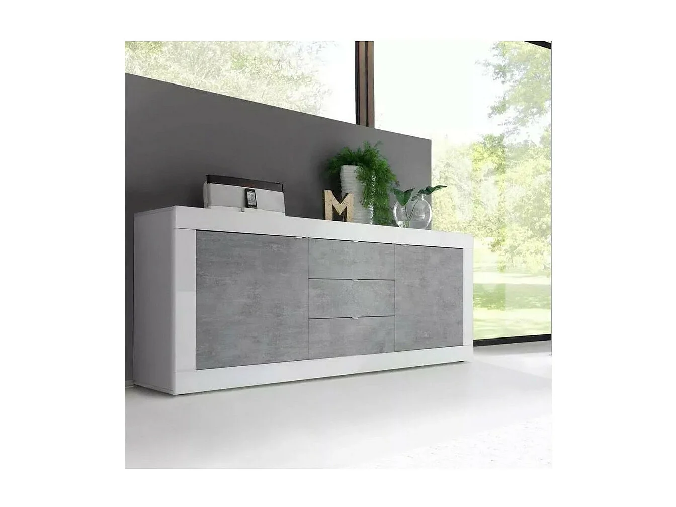 Buffet 2 portes et 3 tiroirs, collection ISORA, coloris blanc et gris effet béton