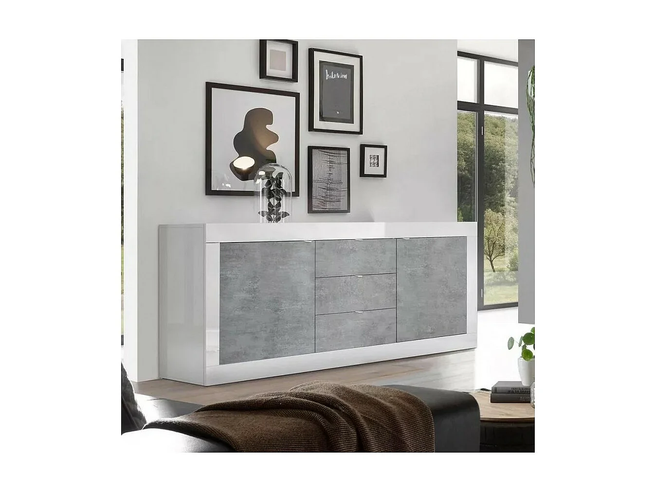 Buffet 2 portes et 3 tiroirs, collection ISORA, coloris blanc et gris effet béton