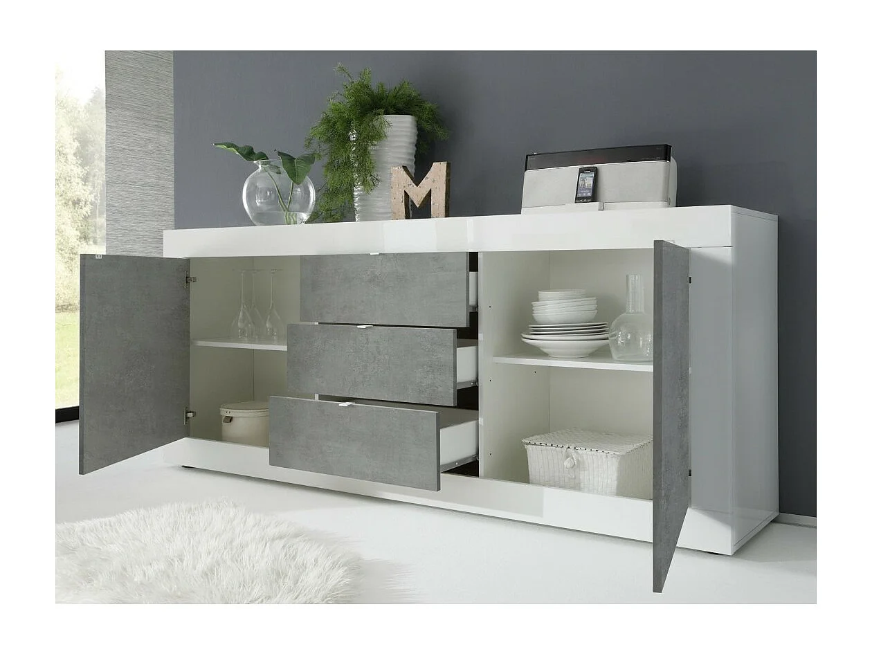 Buffet 2 portes et 3 tiroirs, collection ISORA, coloris blanc et gris effet béton