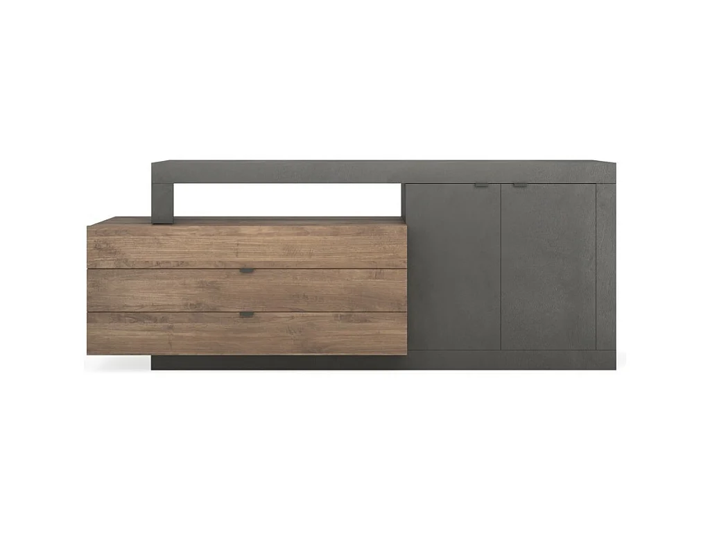 Vitrine design avec portes vitrées et étagéres en verre, collection JET, blanc laqué brillant/gris aspect béton