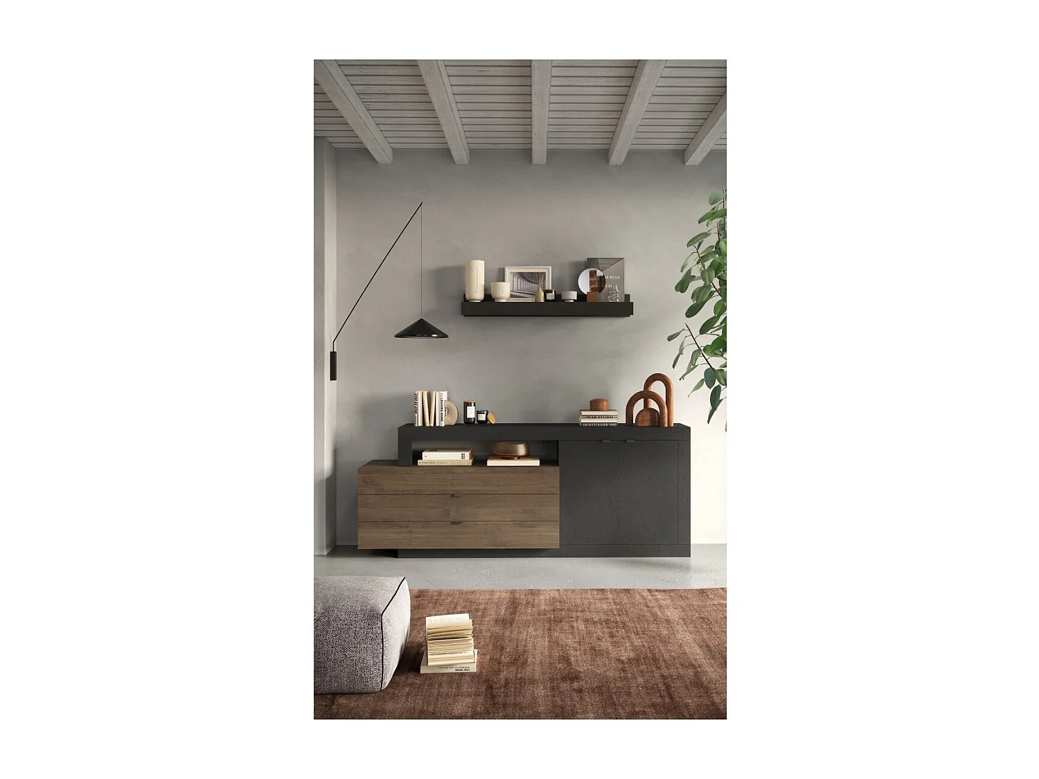 Vitrine design avec portes vitrées et étagéres en verre, collection JET, blanc laqué brillant/gris aspect béton