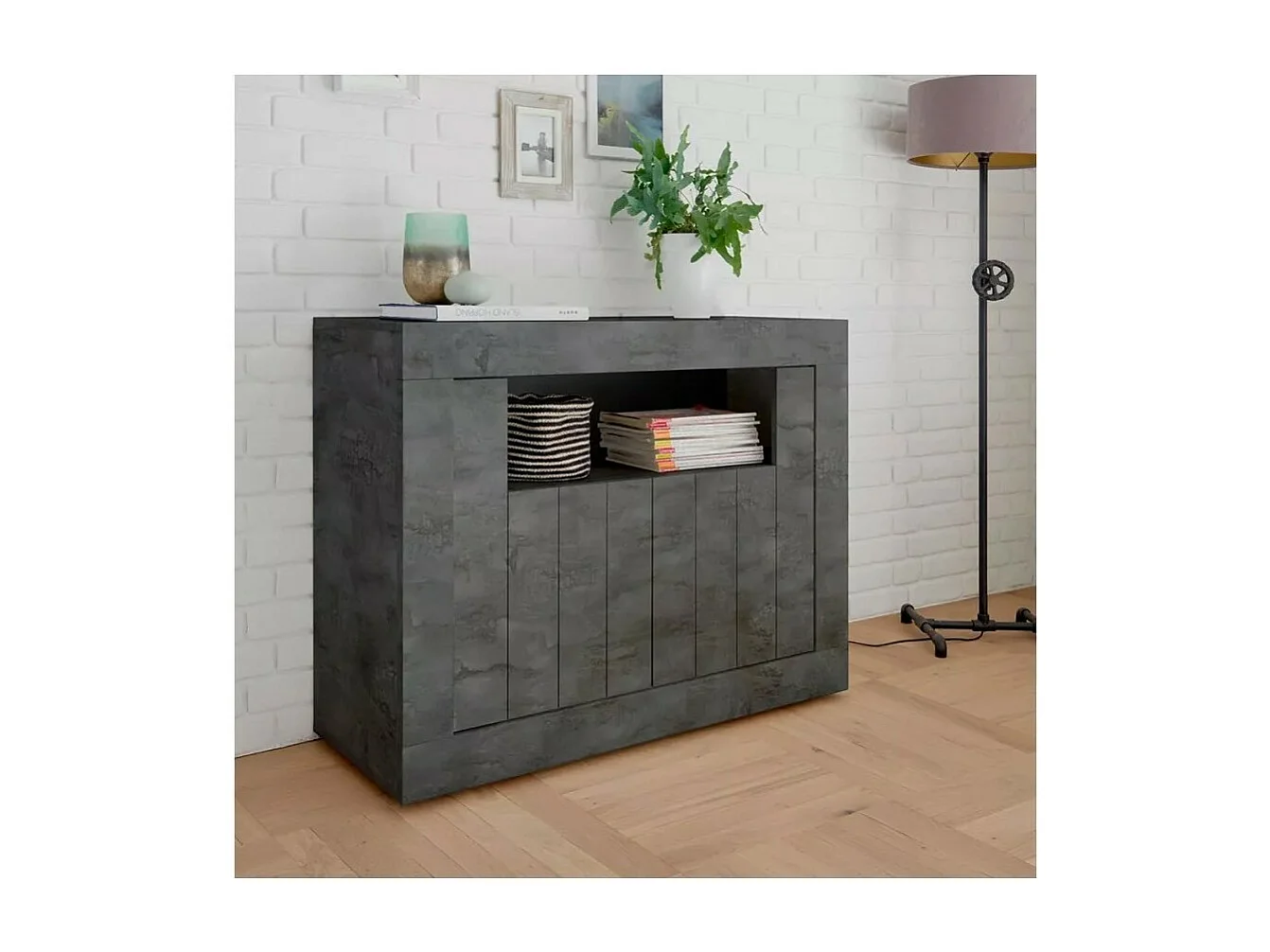 Buffet 2 portes battantes en bois, couleur gris foncé, collection URBAN