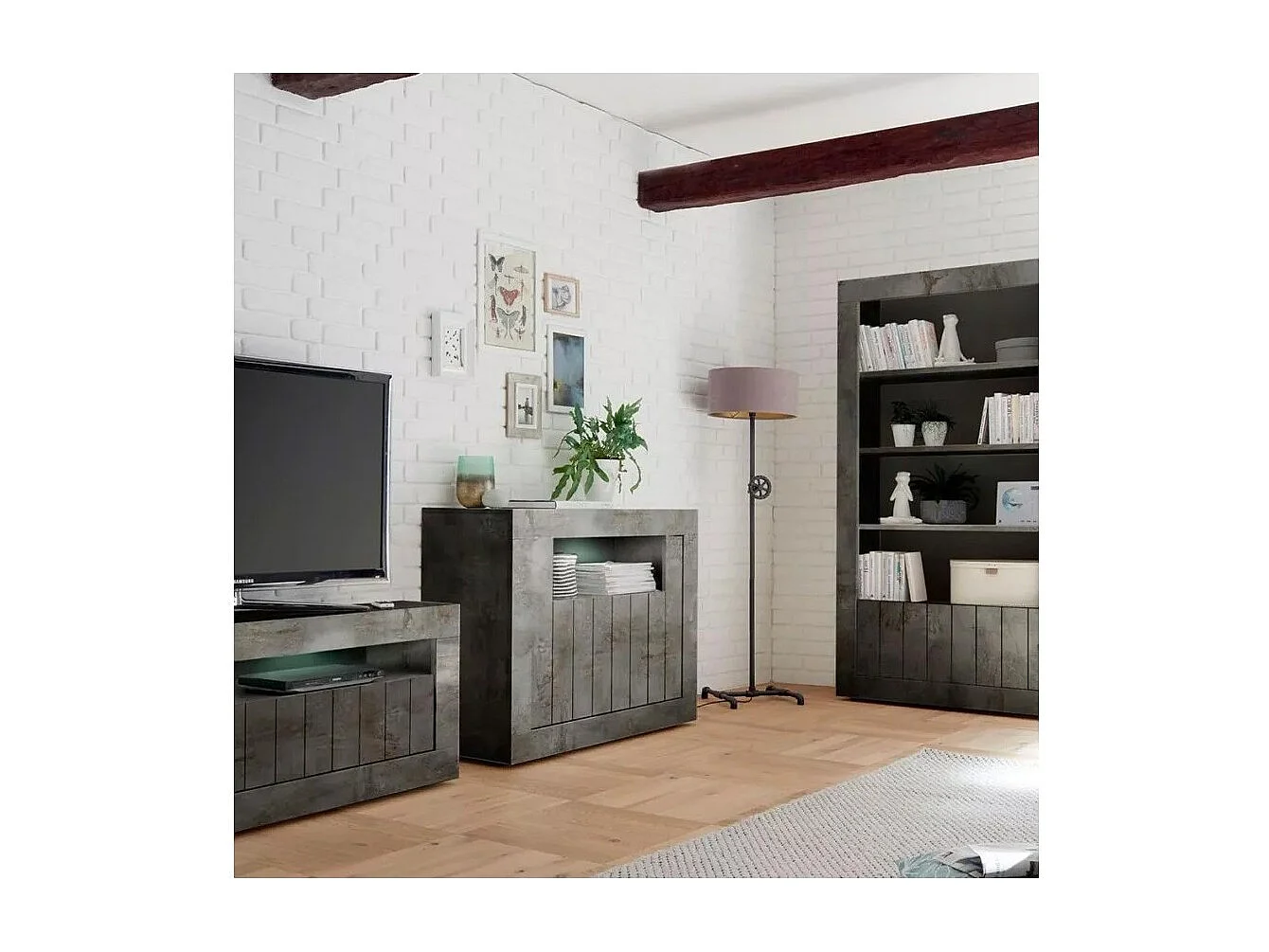 Buffet 2 portes battantes en bois, couleur gris foncé, collection URBAN