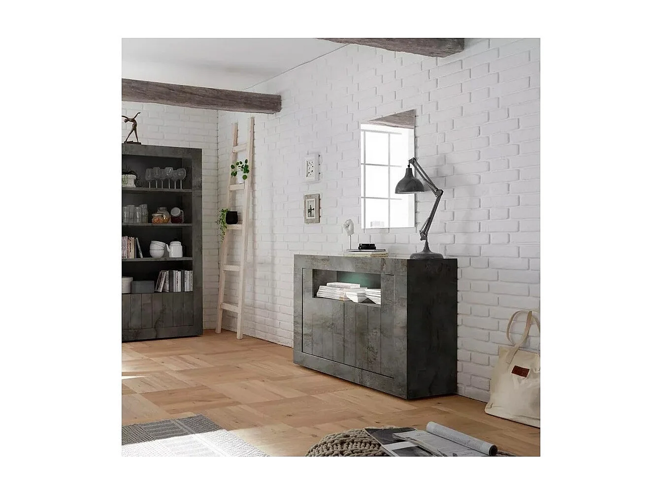 Buffet 2 portes battantes en bois, couleur gris foncé, collection URBAN