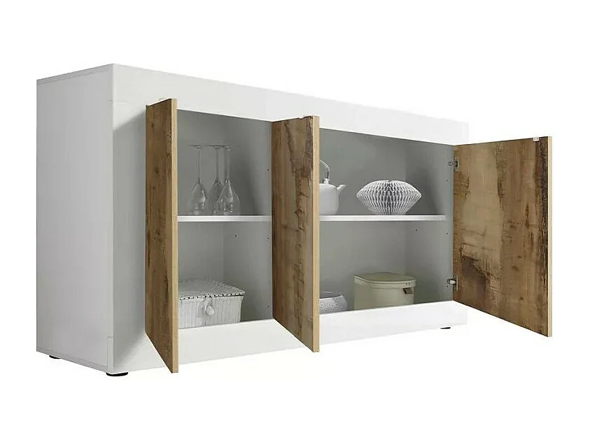 Buffet 3 portes, collection ISORA, coloris blanc et chêne clair, idéal pour votre salon ou salle à manger