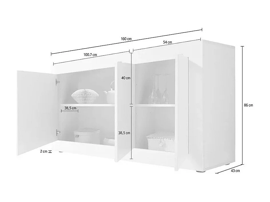 Buffet 3 portes, collection ISORA, coloris blanc et chêne clair, idéal pour votre salon ou salle à manger