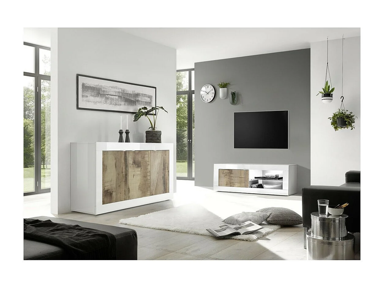 Buffet 3 portes, collection ISORA, coloris blanc et chêne clair, idéal pour votre salon ou salle à manger